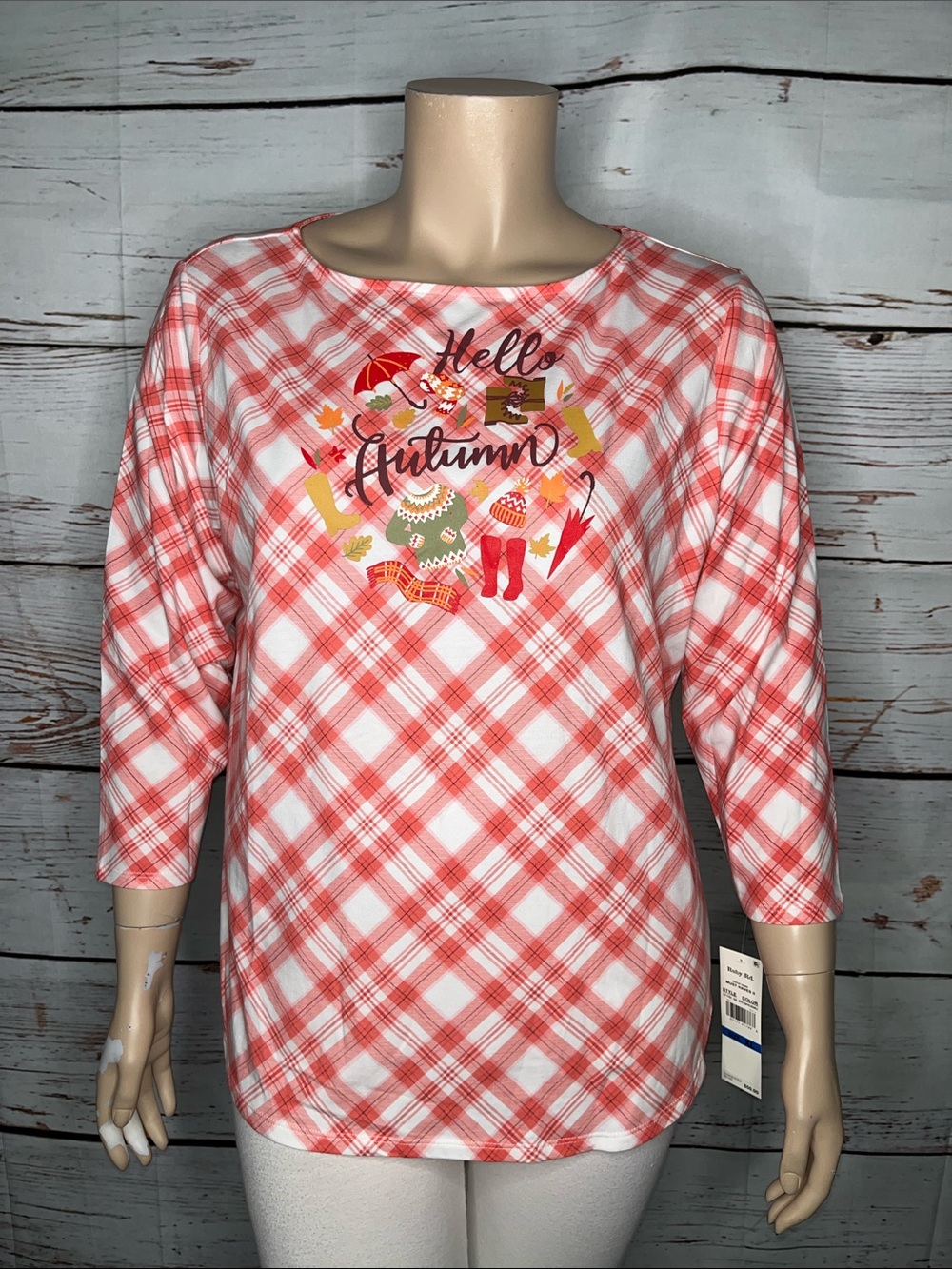 Ruby Rd. NWT Size XL Pink & White Plaid - Hello Autumn Knit Top Shirt